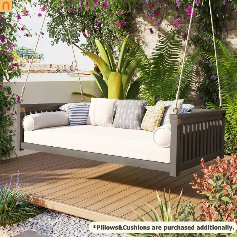 79-Inch Outdoor Acacia Wood Twin Swing Bed with Minimalist Rope Accents - Gray