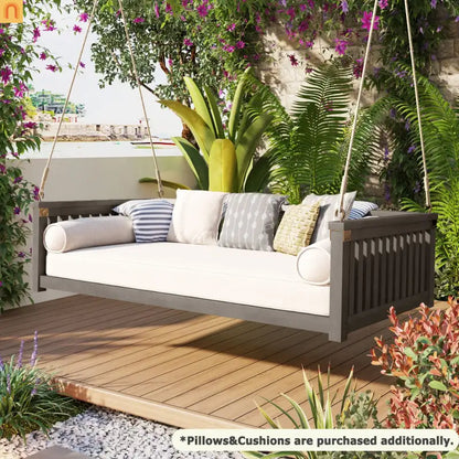 79-Inch Outdoor Acacia Wood Twin Swing Bed with Minimalist Rope Accents - Gray