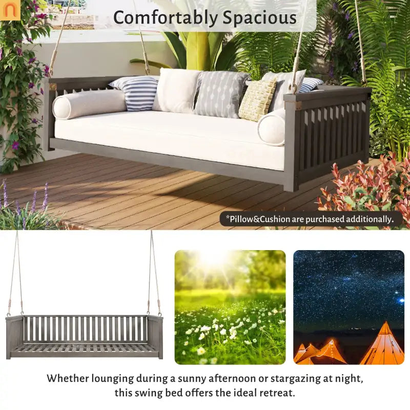 79-Inch Outdoor Acacia Wood Twin Swing Bed with Minimalist Rope Accents - Gray