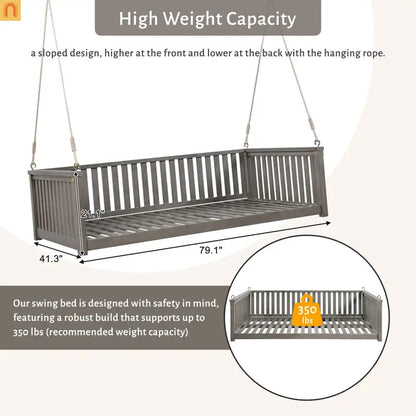 79-Inch Outdoor Acacia Wood Twin Swing Bed with Minimalist Rope Accents - Gray