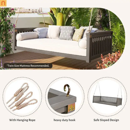 79-Inch Outdoor Acacia Wood Twin Swing Bed with Minimalist Rope Accents - Gray