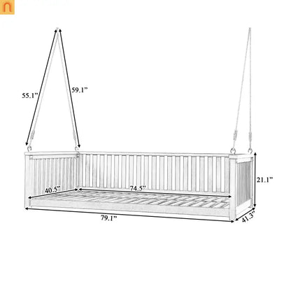 79-Inch Outdoor Acacia Wood Twin Swing Bed with Minimalist Rope Accents - Gray