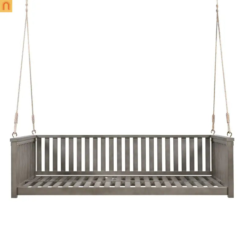 79-Inch Outdoor Acacia Wood Twin Swing Bed with Minimalist Rope Accents - Gray