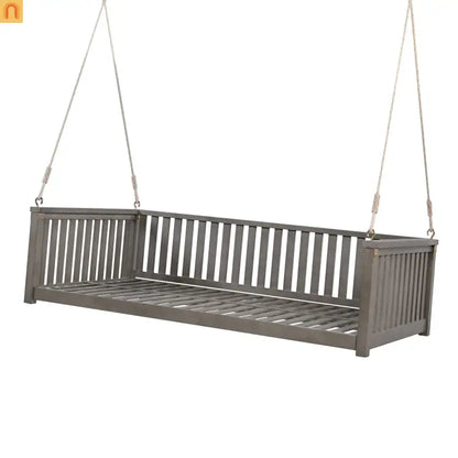 79-Inch Outdoor Acacia Wood Twin Swing Bed with Minimalist Rope Accents - Gray