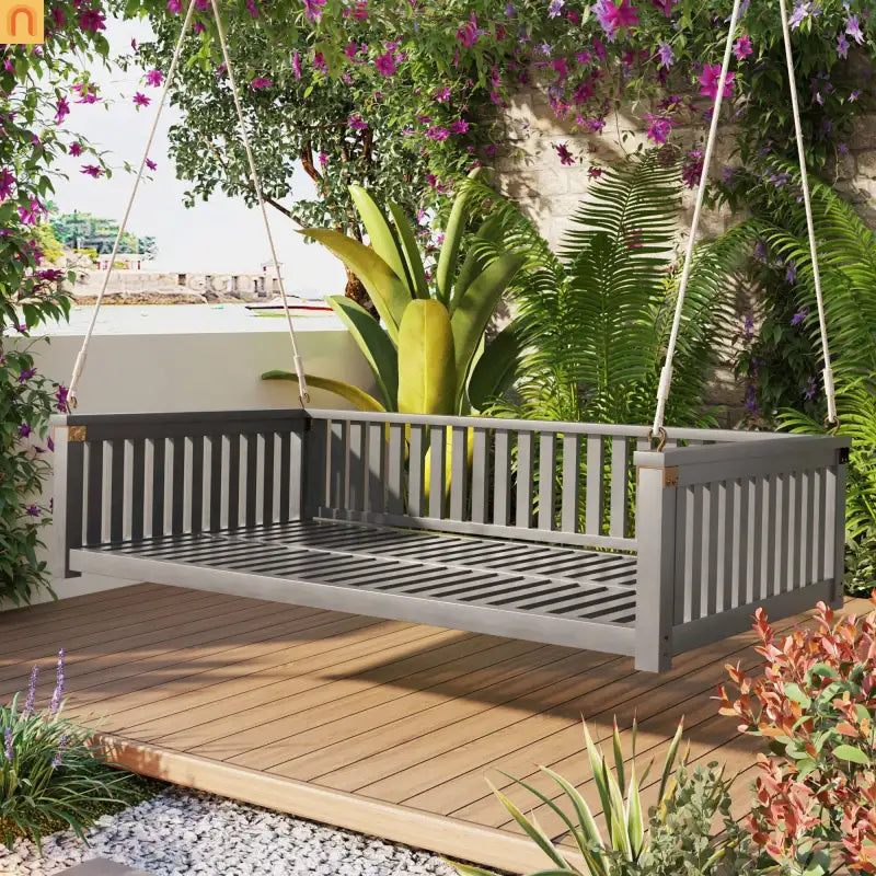 79-Inch Outdoor Acacia Wood Twin Swing Bed with Minimalist Rope Accents - Gray