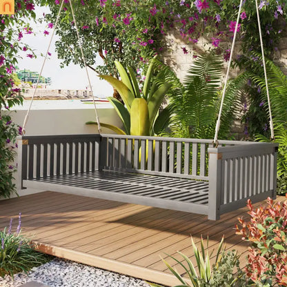 79-Inch Outdoor Acacia Wood Twin Swing Bed with Minimalist Rope Accents - Gray