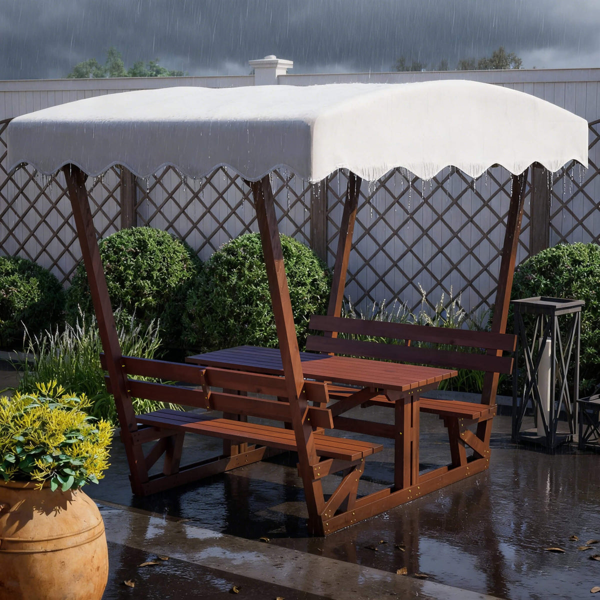 Outdoor Waterproof Wood Picnic Table And Bench Set With Removable Canopy (SAK87135)