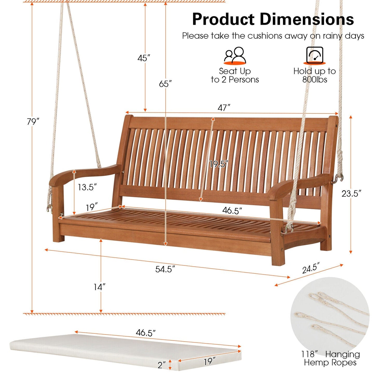 LJGDeals 2-Person Wooden Hanging Porch Swing Bench with Cushion and Curved Back