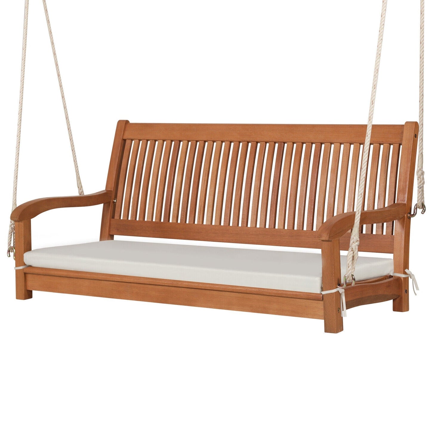 LJGDeals 2-Person Wooden Hanging Porch Swing Bench with Cushion and Curved Back