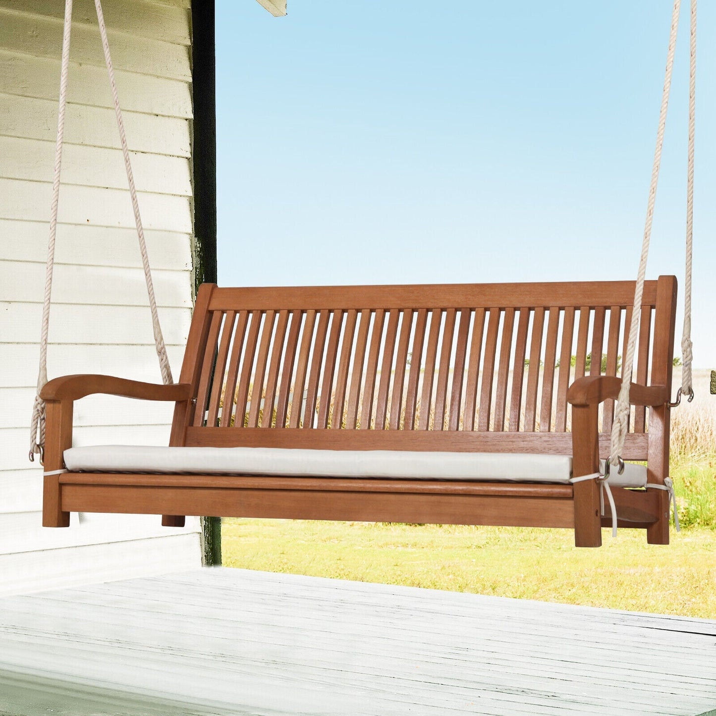 LJGDeals 2-Person Wooden Hanging Porch Swing Bench with Cushion and Curved Back