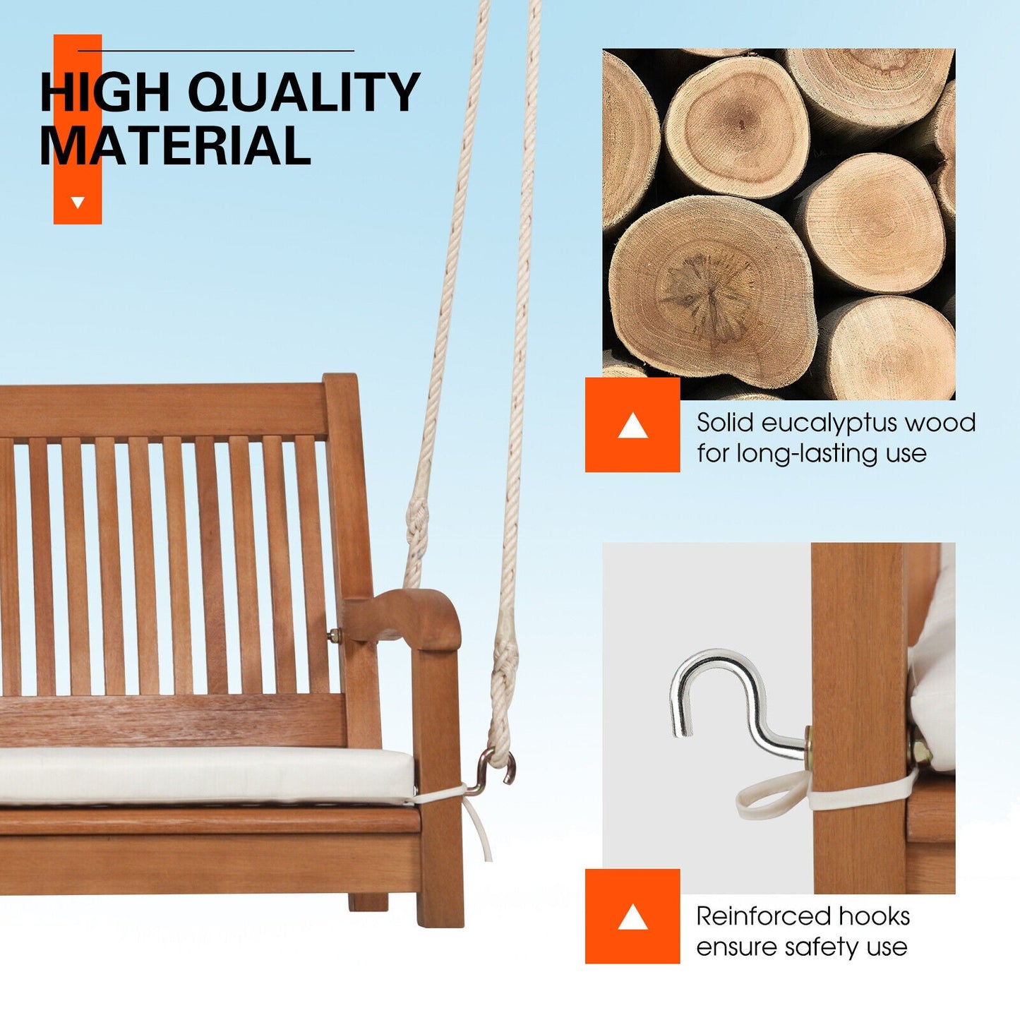 LJGDeals 2-Person Wooden Hanging Porch Swing Bench with Cushion and Curved Back