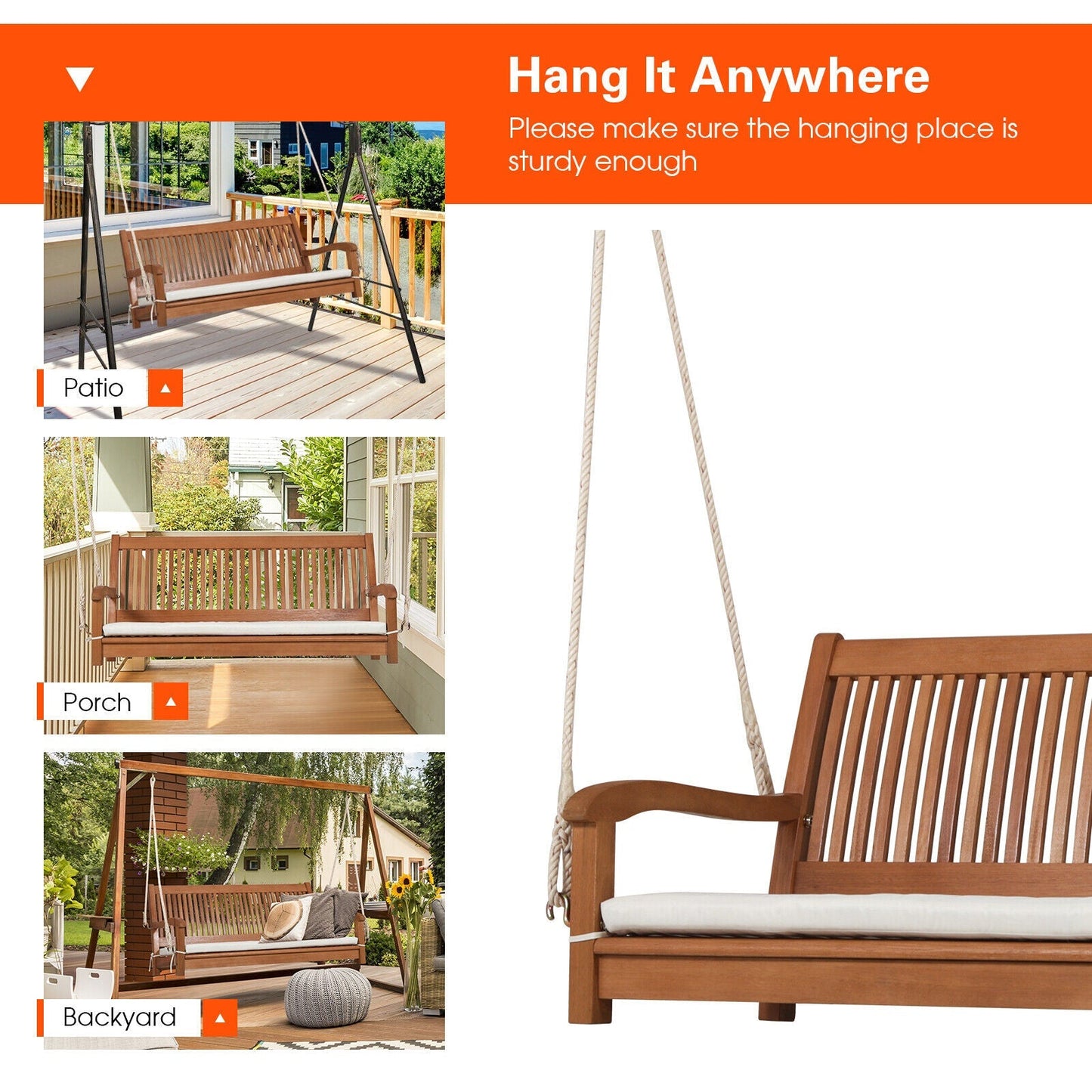 LJGDeals 2-Person Wooden Hanging Porch Swing Bench with Cushion and Curved Back