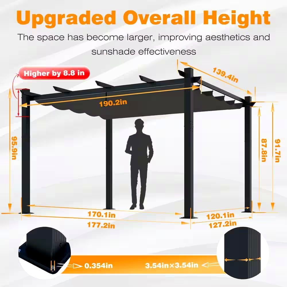 16 Ft. W X 12 Ft. D Aluminum Pergola Outdoor with Retractable Canopy