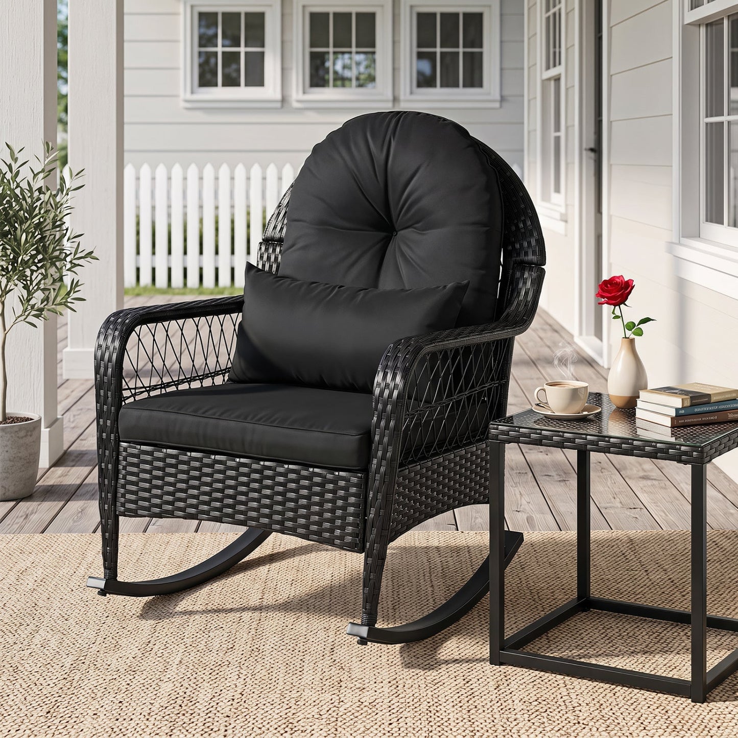 LJGDeals Outdoor Wicker Rocking Chair with Thick Cushions and Anti-Tip Stoppers
