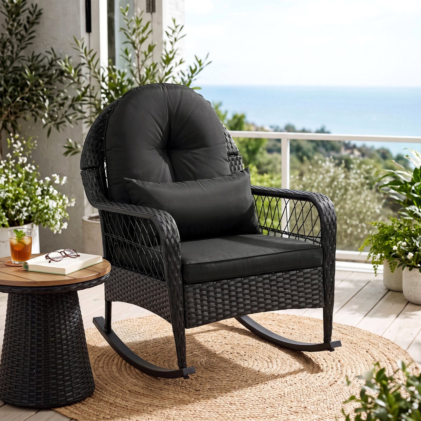 LJGDeals Outdoor Wicker Rocking Chair with Thick Cushions and Anti-Tip Stoppers