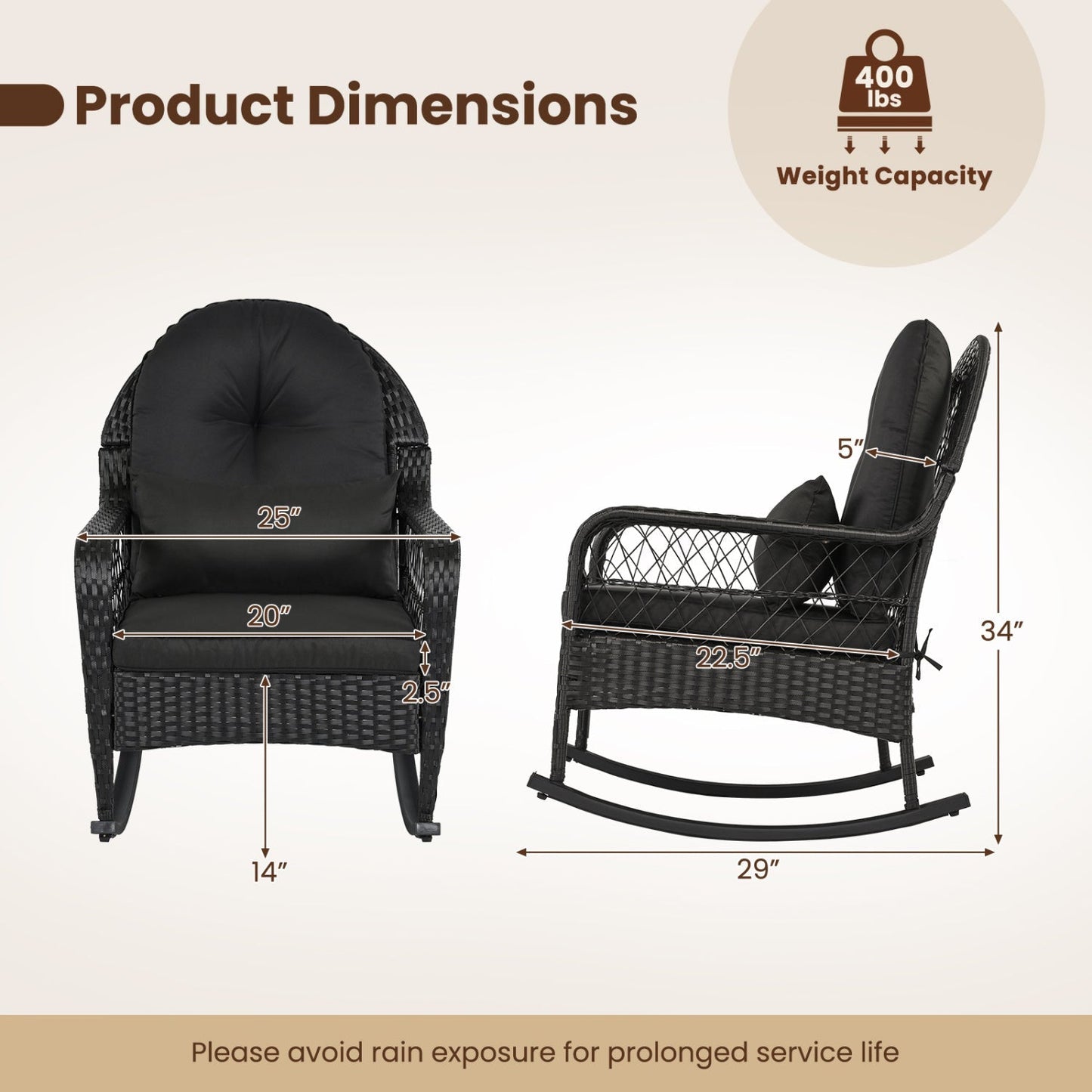 LJGDeals Outdoor Wicker Rocking Chair with Thick Cushions and Anti-Tip Stoppers