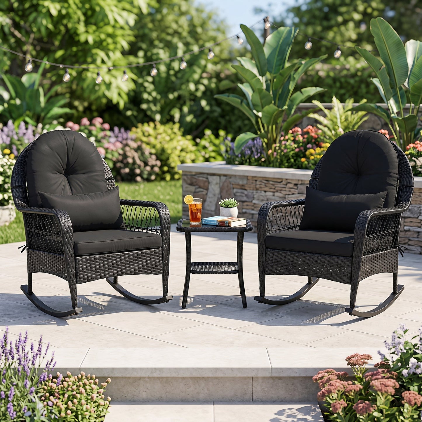 LJGDeals Outdoor Wicker Rocking Chair with Thick Cushions and Anti-Tip Stoppers