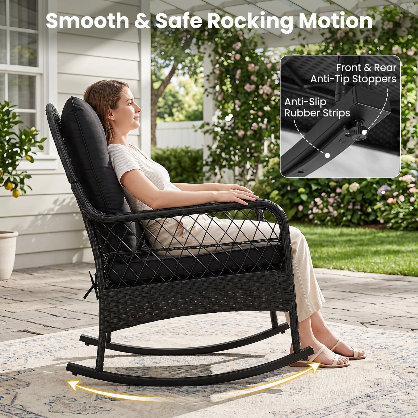 LJGDeals Outdoor Wicker Rocking Chair with Thick Cushions and Anti-Tip Stoppers