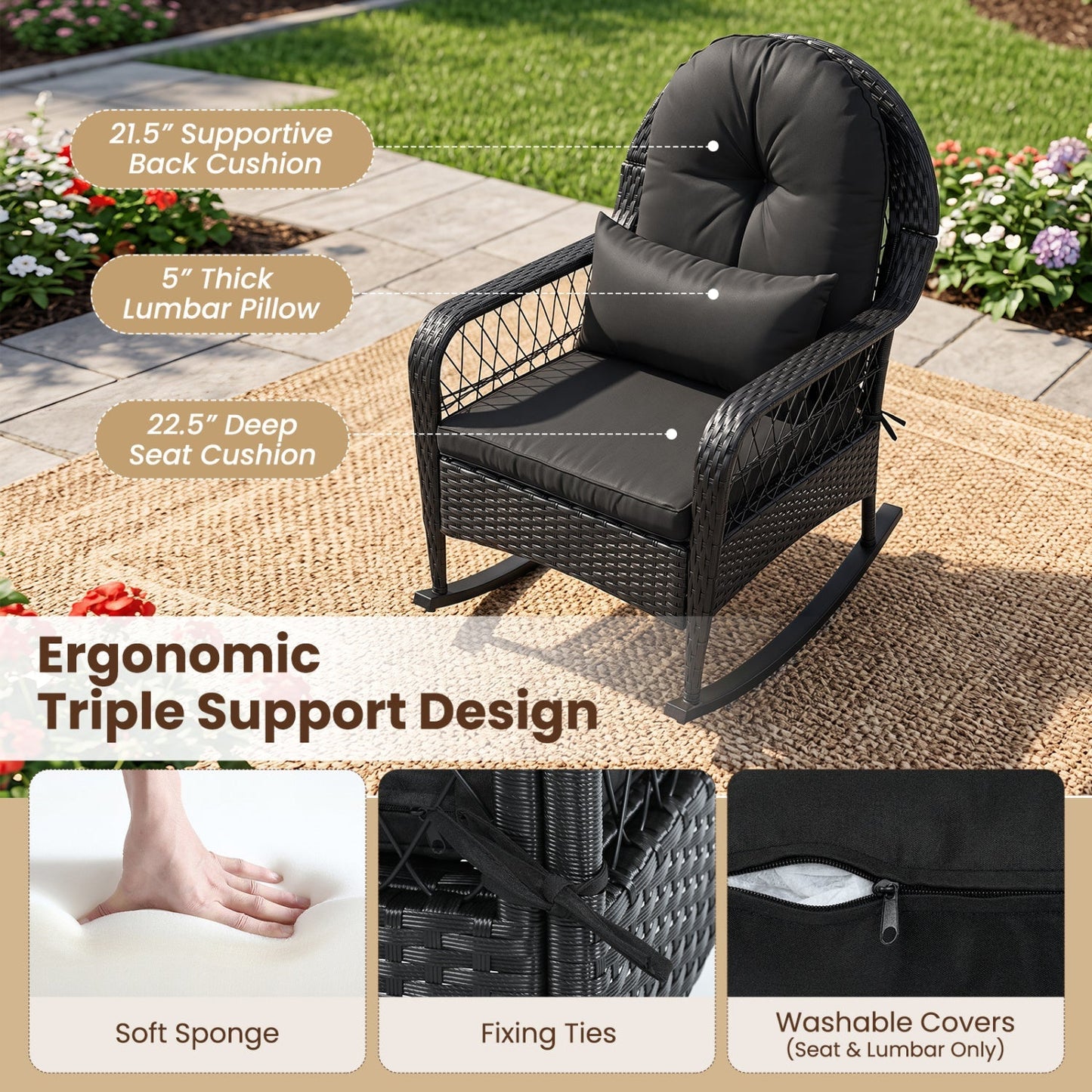 LJGDeals Outdoor Wicker Rocking Chair with Thick Cushions and Anti-Tip Stoppers