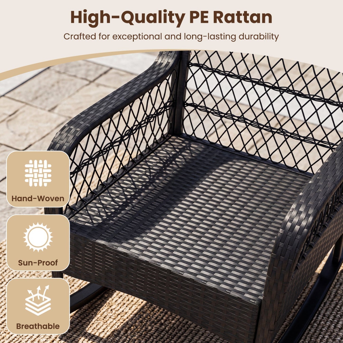 LJGDeals Outdoor Wicker Rocking Chair with Thick Cushions and Anti-Tip Stoppers