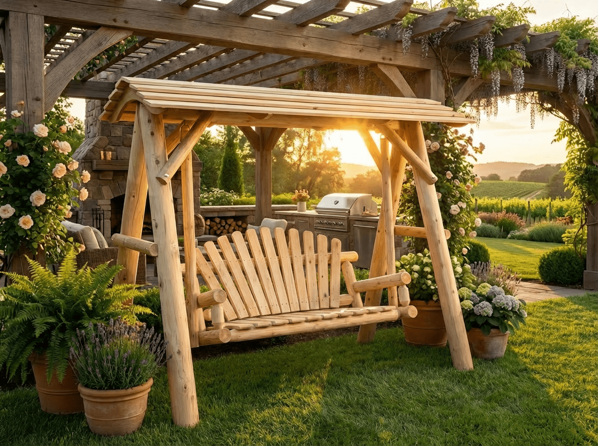 Heavy-Duty Cedar Wooden Porch Swing with Integrated Stand and Canopy