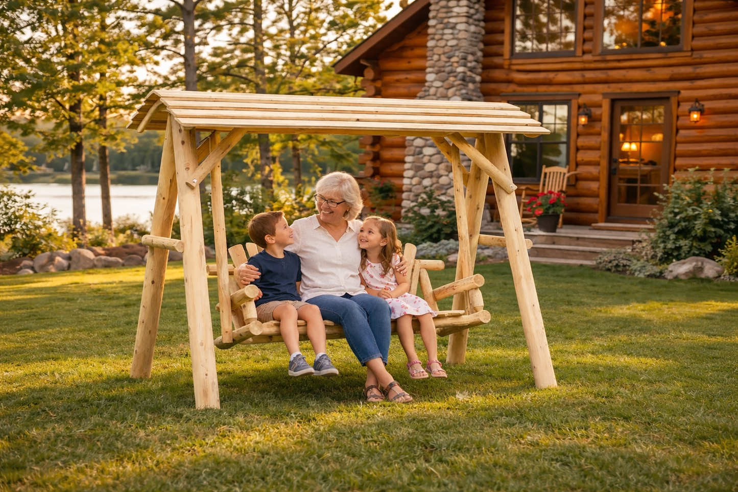 Heavy-Duty Cedar Wooden Porch Swing with Integrated Stand and Canopy