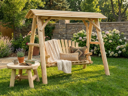 Heavy-Duty Cedar Wooden Porch Swing with Integrated Stand and Canopy