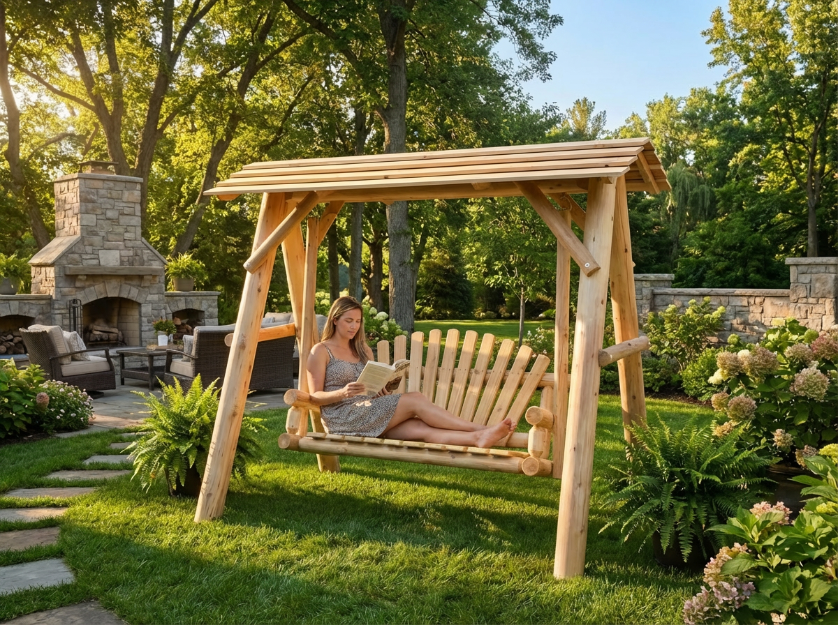 Heavy-Duty Cedar Wooden Porch Swing with Integrated Stand and Canopy