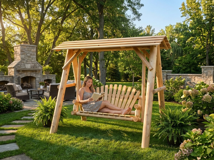 Heavy-Duty Cedar Wooden Porch Swing with Integrated Stand and Canopy