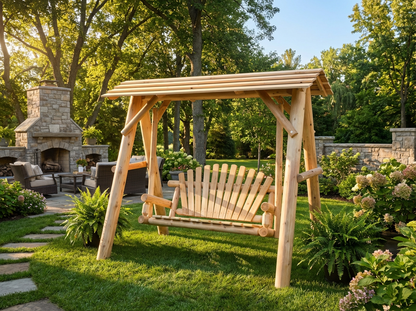 Heavy-Duty Cedar Wooden Porch Swing with Integrated Stand and Canopy
