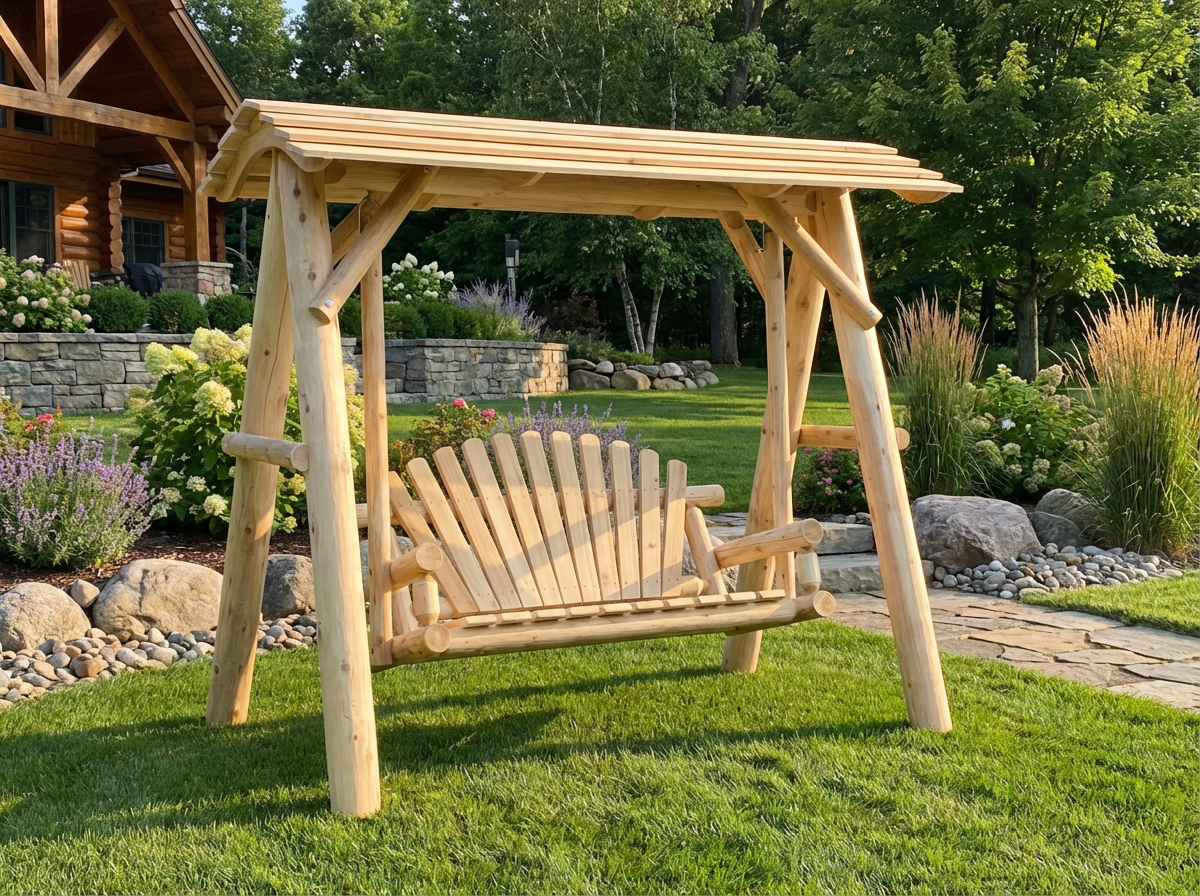 Heavy-Duty Cedar Wooden Porch Swing with Integrated Stand and Canopy